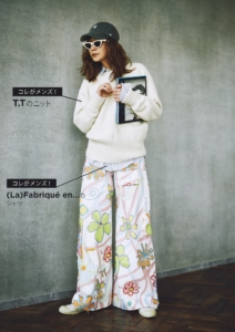 T.Tのニット、（La）Fabriqué en…のシャツ、COLLINA STRADA NEW YORKのパンツ、47のキャップ、CELINEのサングラス、BENSIMONのスニーカーは本人私物