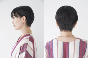 目の上ギリギリで自然とサイドにつながるようにカットしたバングが、女性らしさを叶えてくれるスタイル。耳にかけられる長さにカットしたサイドも印象のチェンジに一役。素髪のような赤味をおさえたブラックカラーも清潔感◎。
