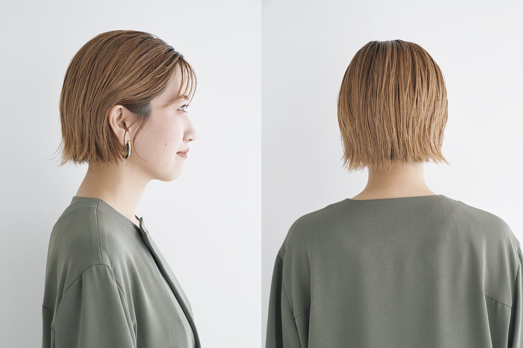 ヘアスタイルの好きなところは？ 「サイドの髪を耳にかけるとスッキリ、おろすと丸みのあるフォルムになって雰囲気がアレンジできるところ」 ショートヘアにしたきっかけは？ 「美容師さんから“ショートヘアのほうが似合いそう”とすすめられました。毛量が多い私の髪質に合ってます！」 サロン名と担当者は？ 「Cocoon表参道のSAKURAさん。ハイトーンにしたいという希望だけ伝え、カットラインはおまかせしました」