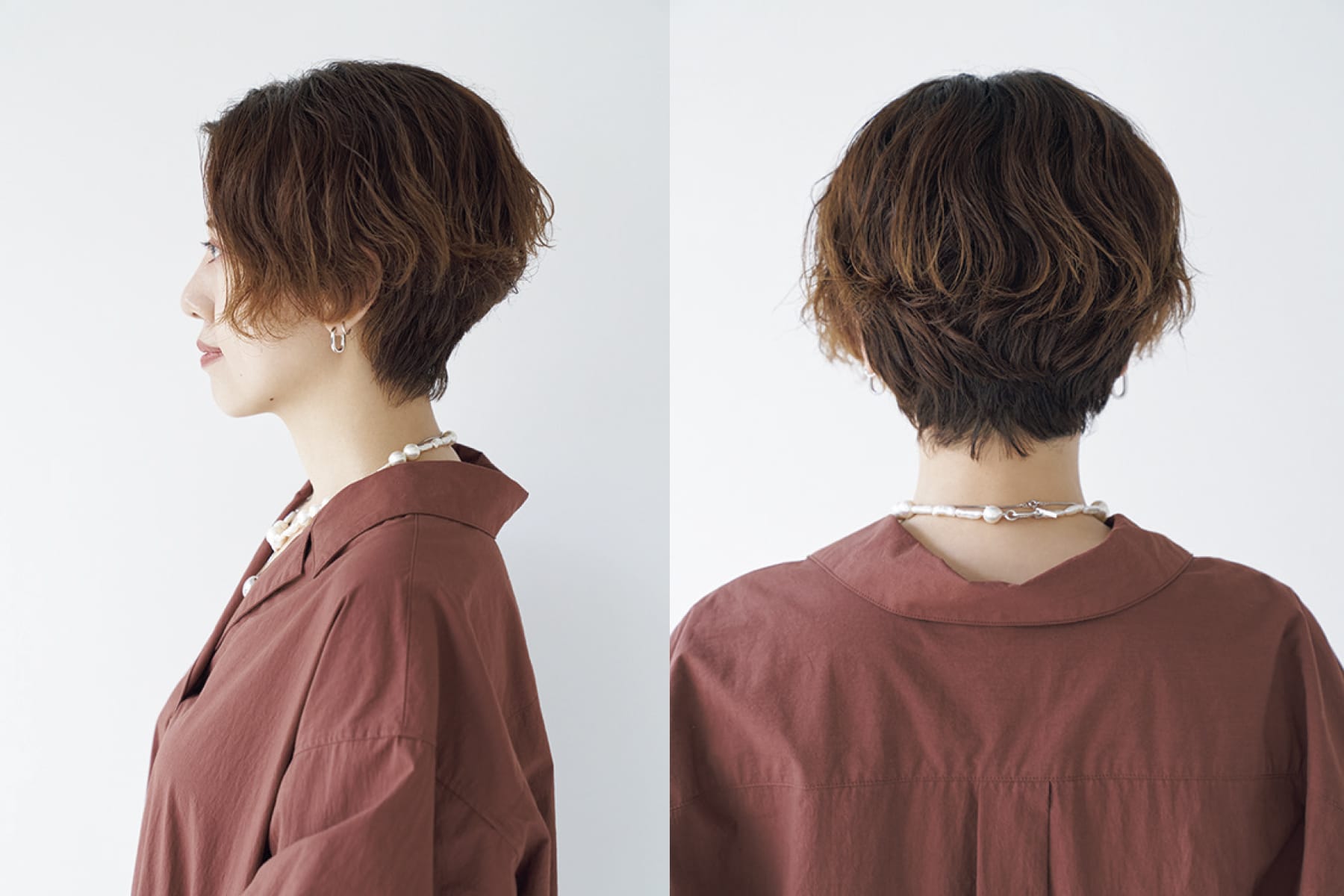 ヘアスタイルの好きなところは？ 「長めのバングを耳にかけると印象がガラリと変わるところ。オイルをたっぷりつけると女っぽくなれたりとアレンジが自在」 ショートヘアにしたきっかけは？ 「3年前に韓国ドラマに出てきた女優さんのショートヘアが可愛過ぎて、衝動的に“切ろう！”と決意しました（笑）」 サロン名と担当者は？ 「BEAUTRIUM青山店の西舘祐介さん。クセの強い私の髪質を活かしたデザイン提案にいつも感謝しています」