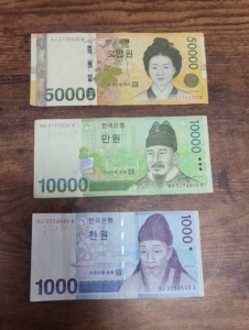韓国の紙幣はこちら。一番上の₩50,000＝日本円にすると5千円札の感覚。日本における1万円札はなく、50,000ウォン札×2枚と考えつつ、渡航時のレートをしっかりチェックしてくださいね。
