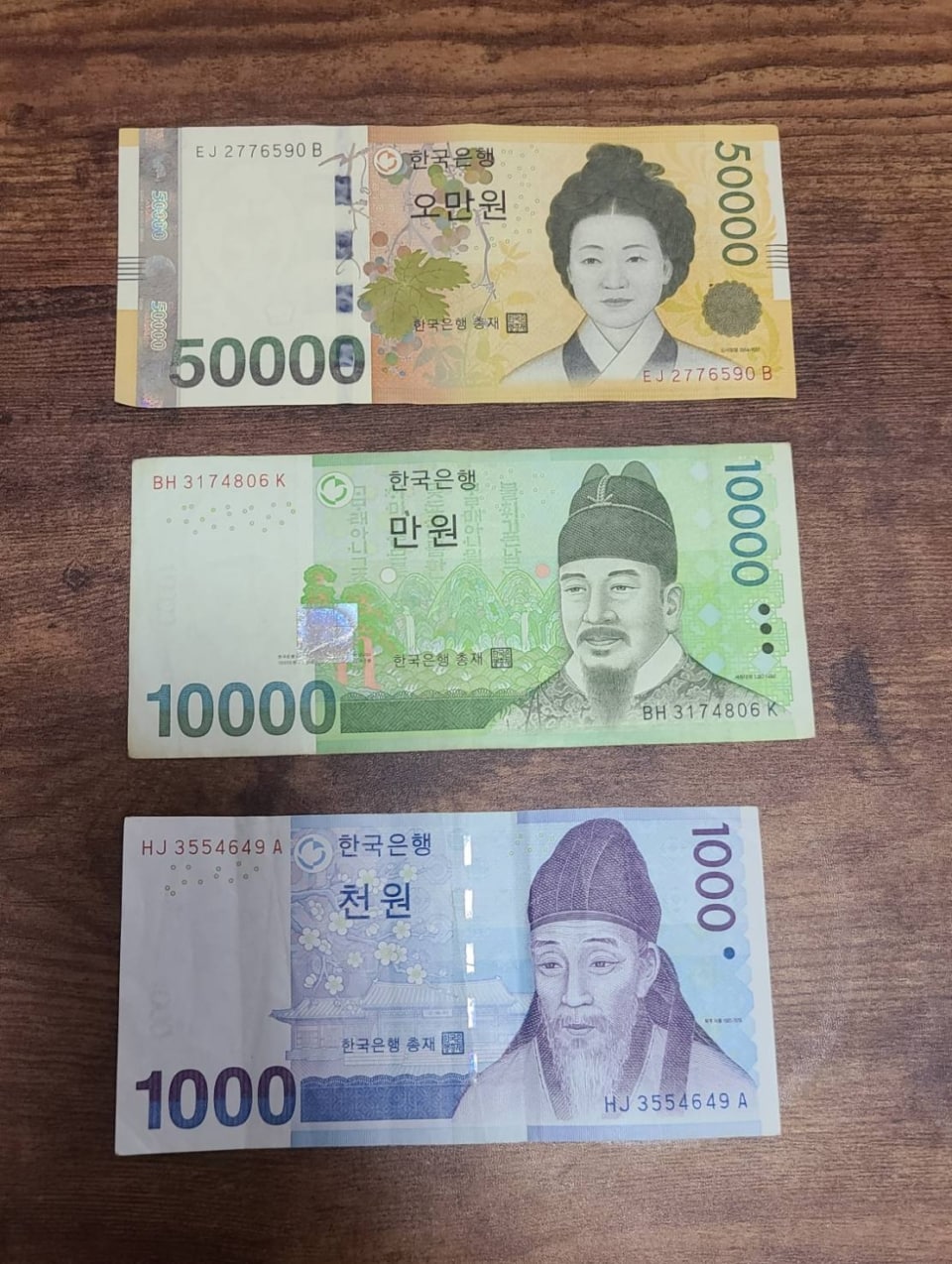 韓国の紙幣はこちら。一番上の₩50,000＝日本円にすると5千円札の感覚。日本における1万円札はなく、50,000ウォン札×2枚と考えつつ、渡航時のレートをしっかりチェックしてくださいね。