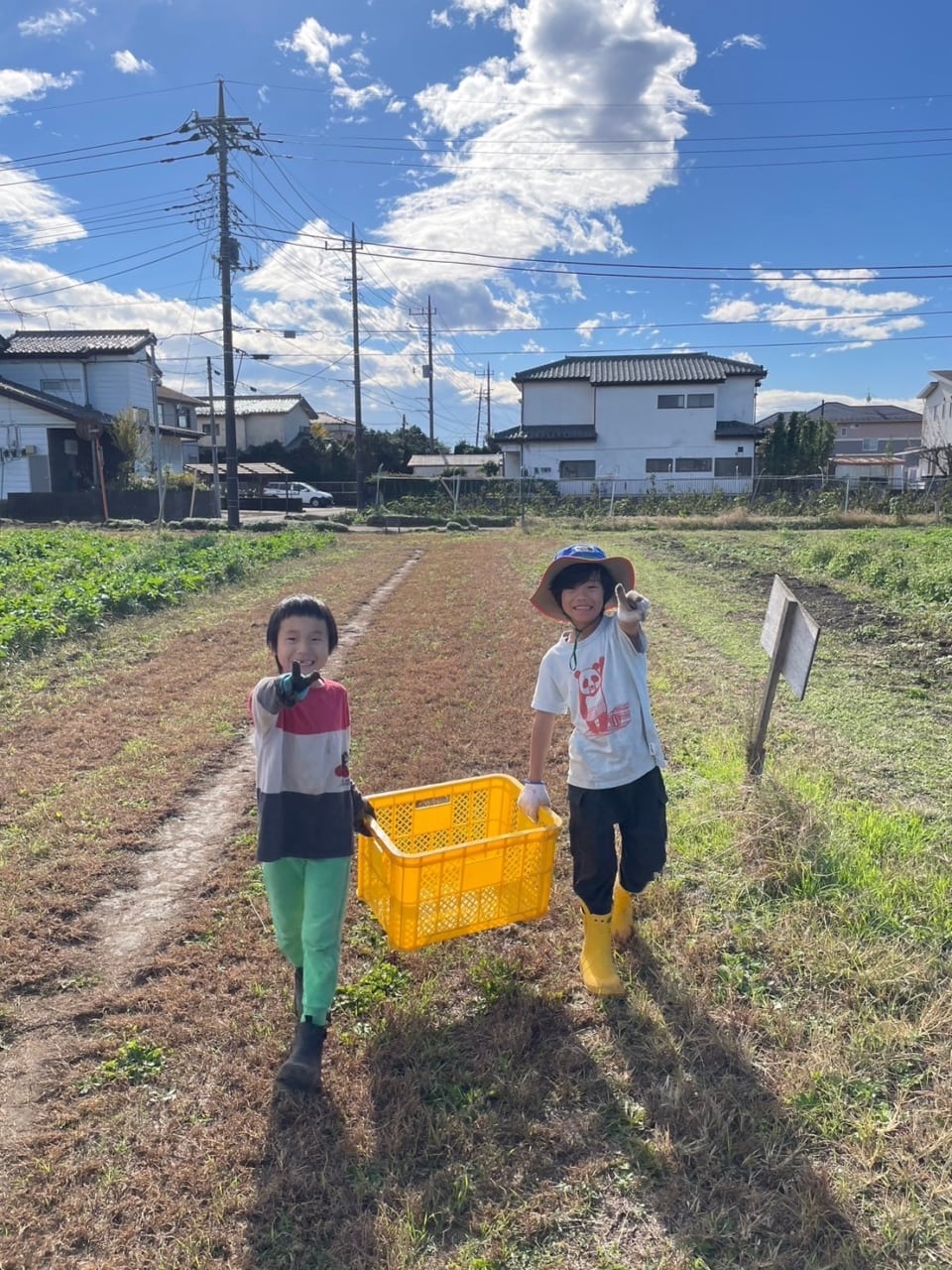 収穫ボーイズたち。広大な農園で、のびのびと収穫体験をさせてもらい、満足げ。