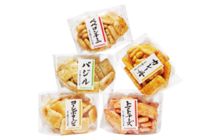 洋風な味付けの本格おかき（ペペロンチーニ・カレー舟・トマトチーズ・コーンポタージュ・バジル）各¥313