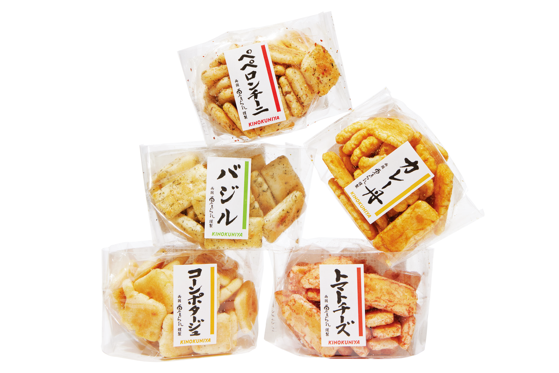 洋風な味付けの本格おかき（ペペロンチーニ・カレー舟・トマトチーズ・コーンポタージュ・バジル）各¥313