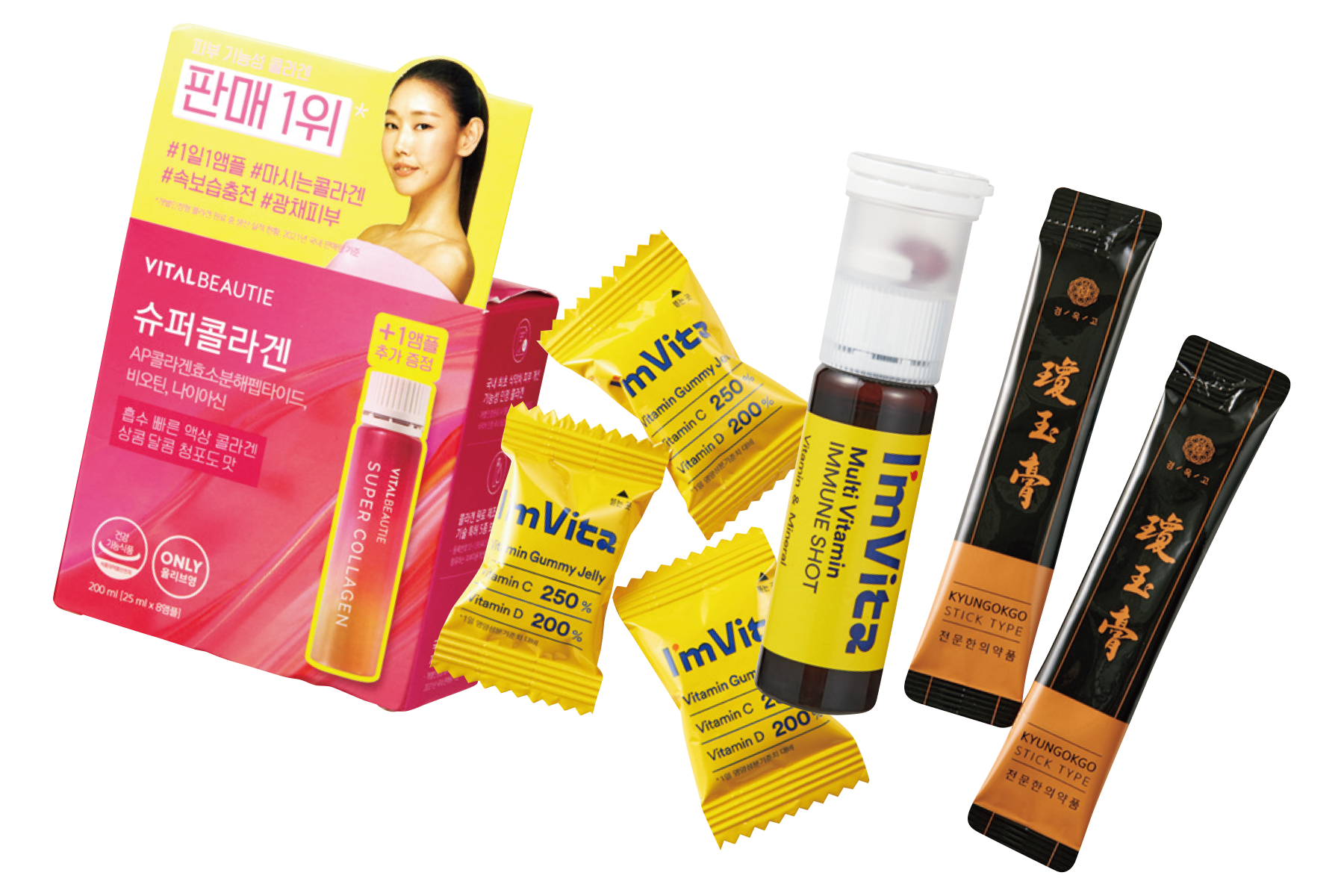 左：コラーゲンは必須。VITALBEAUTIE スーパーコラーゲンエッセンス、中左：人気のアイムビタ。これはお菓子感覚で食べられるグミタイプのビタミン。I’m Vita ビタミン C＆D グミゼリー、中右：液体とタブレットがセットに。I’m Vita マルチビタミン イミュンショット、右：韓国のセレブたちがこぞって飲んでいるのだとか。KYUNGOKGO※全て本人私物