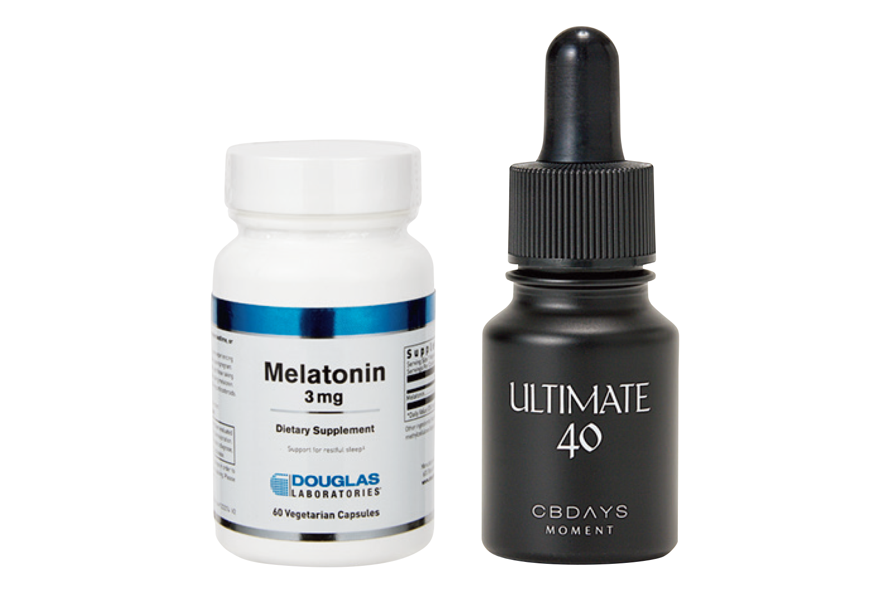 右から：CBDドロップオイルULTIMATE 40 9g ¥32,400（CBDAYS MOMENT／クオルス）、Douglas Laboratories Melatonin 3 mg ¥5,940（まいこホリスティックスキンクリニック）