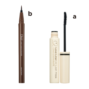 a自まつ毛1.5倍の長さに。ラブ・ライナー オールラッシュ マスク ロング＆セパレート ディープブラック ¥1,760（msh） bシルキーリキッドアイライナー ナチュラルブラウン ¥1,430（ディー・アップ）