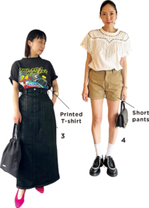 3.Tシャツ¥18,480、デニムスカート¥39,600（共にオブラダ）、シューズ¥71,500 （アディガエタ）、ヴィンテージのシルバーバングル¥55,000（全てシンチ）　4.ヴィンテージのTシャツ、ハイクのショートパンツ、プラダのシューズ、ザ・ロウのバッグ、その他は本人私物