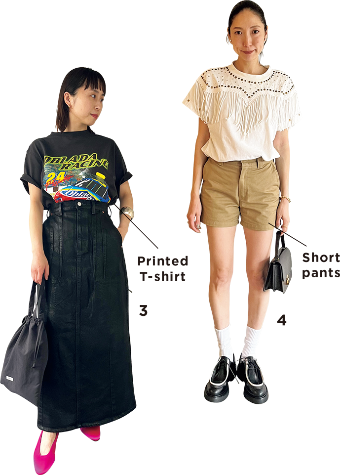 3.Tシャツ¥18,480、デニムスカート¥39,600（共にオブラダ）、シューズ¥71,500 （アディガエタ）、ヴィンテージのシルバーバングル¥55,000（全てシンチ）　4.ヴィンテージのTシャツ、ハイクのショートパンツ、プラダのシューズ、ザ・ロウのバッグ、その他は本人私物