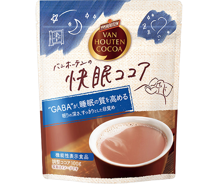 GABAが睡眠の質（眠りの深さ、すっきりとした目覚め）を改善。バンホーテンの快眠ココア 100g ¥540（片岡物産） ※機能性関与成分GABAの研究報告に基づく表示