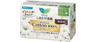 ピュアコットンの極上の柔らかさ。ロリエ しあわせ素肌Botanical Cotton100%多い昼用22.5cm 羽つき16個 無香［ 医薬部外品］¥440※参考価格（花王）