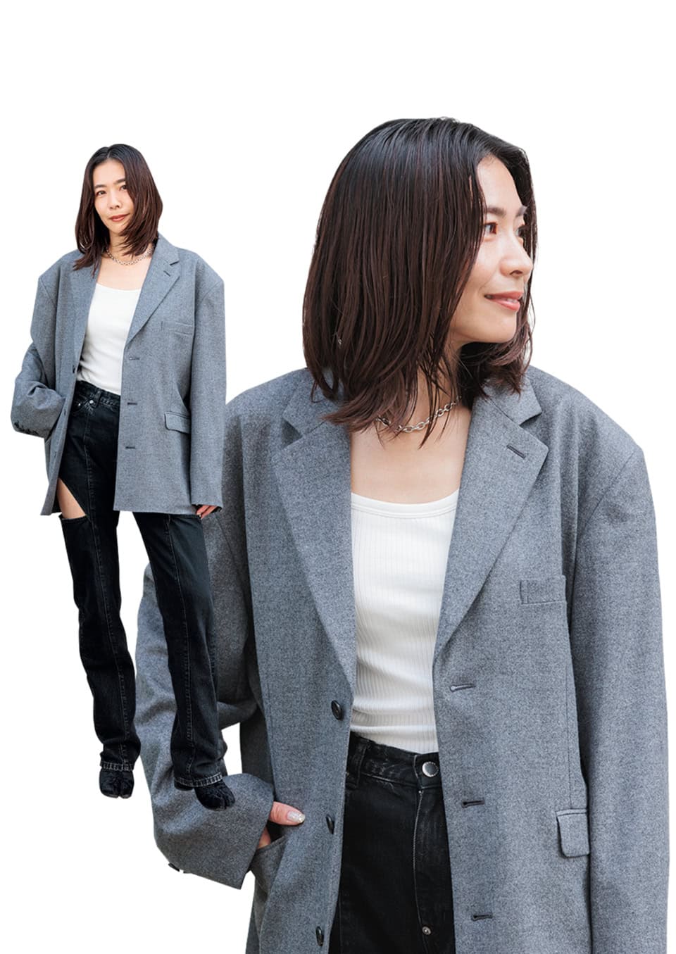 他はシンプル！着るだけで洒落るカシミアのオーバーサイズジャケット【小森 愛さんの私服スナップ】　