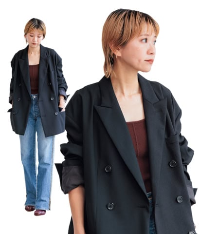 おしゃれな大人の2枚のジャケットをつなぎ合わせたようなジャケット【萩原美緒さんの私服スナップ】　
