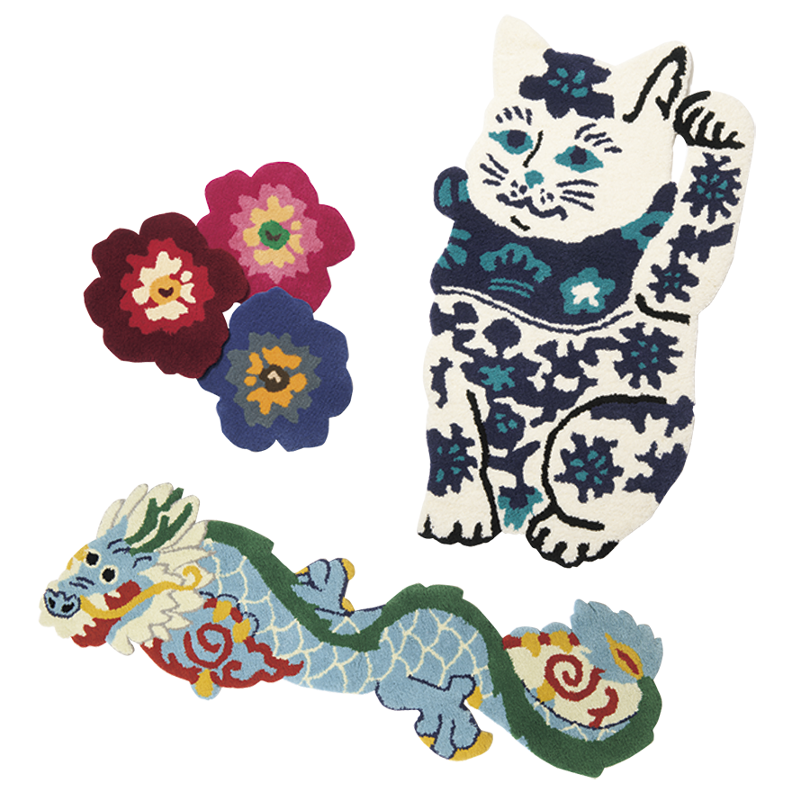 KEITA MARUYAMA×MIYOSHI RUG 招き猫¥27,500、ドラゴン¥38,500 、フラワー¥6,600（全てケイタマルヤマ）