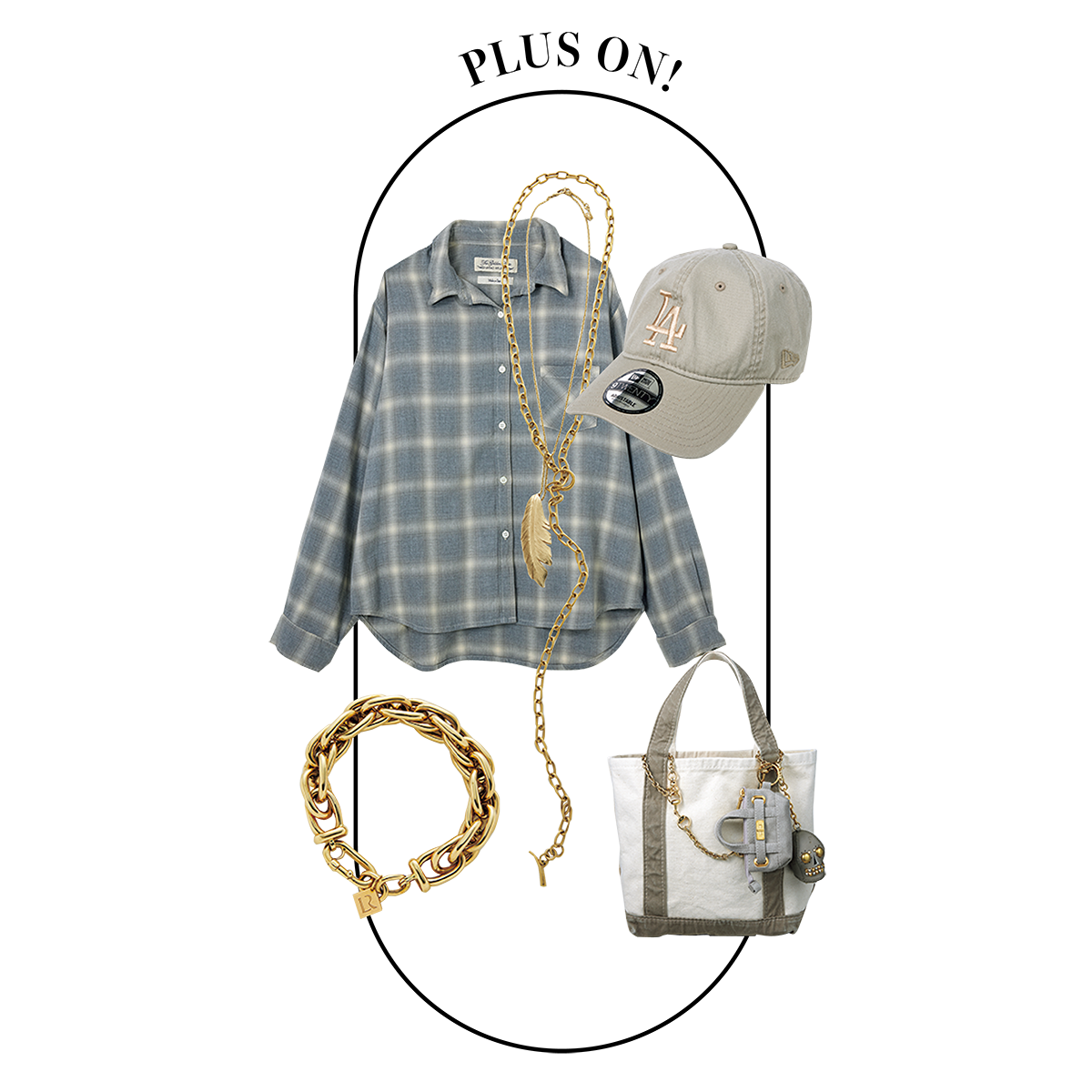 フェザーのネックレス¥605,000（マノン ジュエリー）、シャツ¥28,600（レミ レリーフ）、キャップ¥9,350（ニューエラ）、バッグ¥14,300、バッグのチャーム¥5,280（共にシータ パランティカ）、スカルのキーチャーム¥23,100（エンドピン）、バッグに付けたウォレットチェーン¥7,700（グッド グリーフ）、ブレスレット¥583,000（ローレンルビンスキー／全てMUSE de Deuxième Classe虎ノ門店）、ガブリエラ アルティガスのチェーンネックレスは本人私物