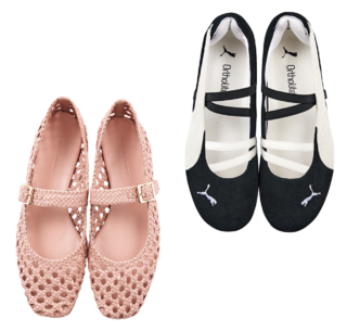 左：バレエシューズ¥47,300（メルヴィンアンド ハミルトン／トゥモローランド）、右：バレエシューズ¥12,100（プーマ／プーマ お客様サービス）