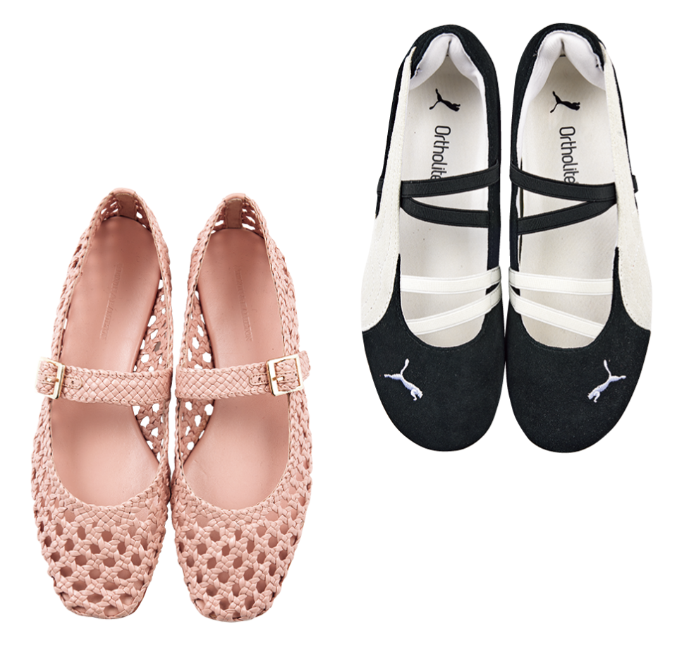 左：バレエシューズ¥47,300（メルヴィンアンド ハミルトン／トゥモローランド）、右：バレエシューズ¥12,100（プーマ／プーマ お客様サービス）