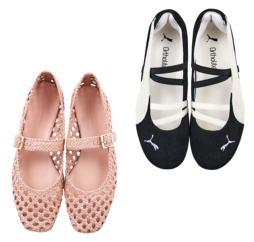 左：バレエシューズ¥47,300（メルヴィンアンド ハミルトン／トゥモローランド）、右：バレエシューズ¥12,100（プーマ／プーマ お客様サービス）