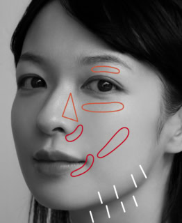 【STEP 1】bのUVを全顔と首になじませたら、c右のオレンジを鼻の側面、目の下、まぶたにのせて鼻の広がりやクマや凹みをカバー。cの2色を混ぜて小鼻、口角に、さらに頰がこけて見える人は頰の影の部分にのせる。コンシーラーはなじませず、ダイレクトにdのクッションファンデをaのスポンジで全顔に薄く重ね、コンシーラーとブレンドするようになじませる。フェイスラインにeで線を描き、aのスポンジでしっかりなじませれば、スッキリ引き締めて見せられる。