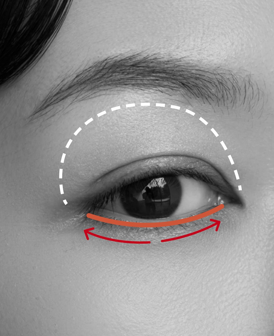【STEP 2】笑ったときに目の下のプクッと膨らむ部分に、平筆でcの左のカラーを取り黒目の中央から目尻、目頭に向かってラインを入れる。目頭側は短めに。綿棒でラインをぼかし、cの中央のカラーをさらに薄く重ねる。アイホールにbをサラッと、下まぶたの粘膜部分にeでラインを入れれば白目がクリアに見え、しっとりとした潤み感も。cの左と右のカラーで眉を描き、aで毛との色差をなじませる。上まつ毛にdのマスカラを塗れば、目元の印象がよりUP。