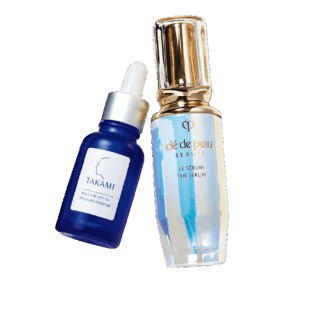 右から：ル・セラム Ⅱ 50mL ￥29,700（クレ・ド・ポー ボーテ）、 タカミスキンピール 30mL ￥5,500（タカミ）
