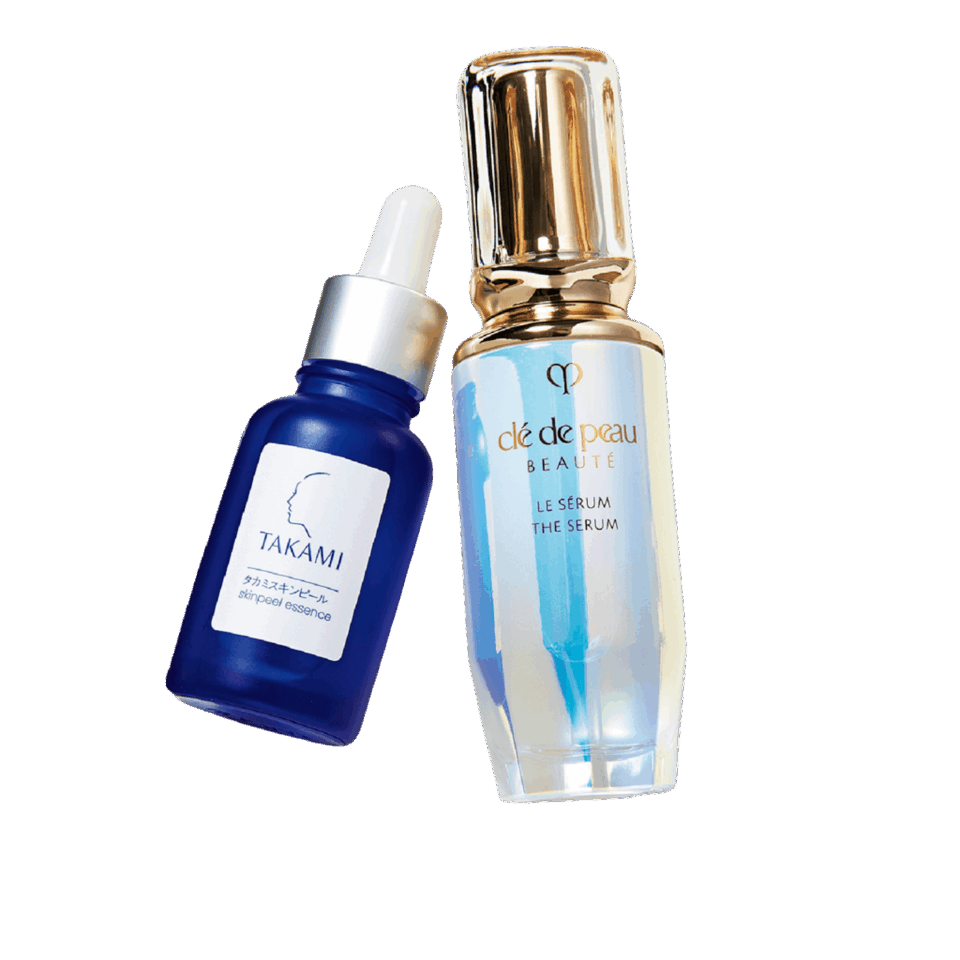 右から：ル・セラム Ⅱ 50mL ￥29,700（クレ・ド・ポー ボーテ）、 タカミスキンピール 30mL ￥5,500（タカミ）