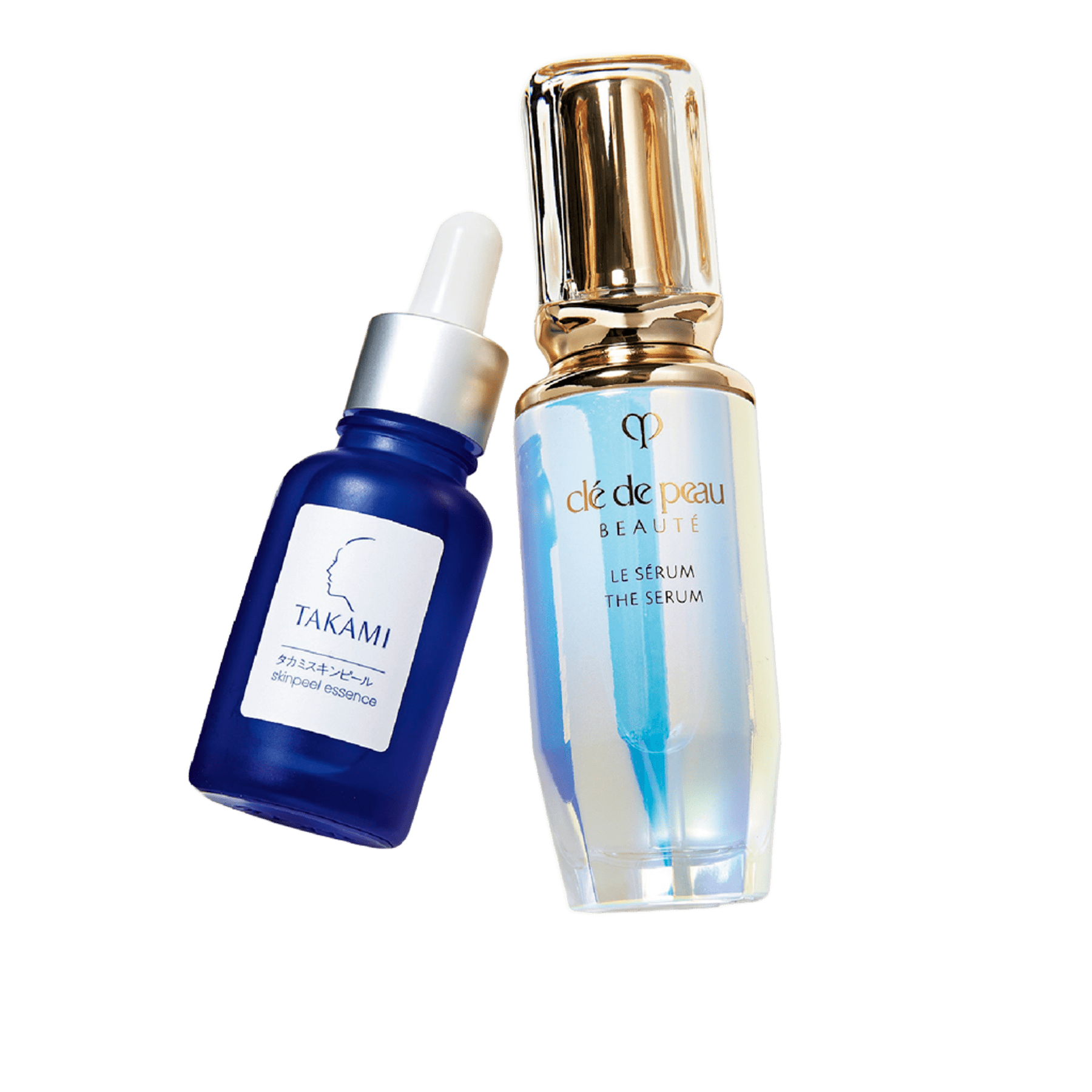 右から：ル・セラム Ⅱ 50mL ￥29,700（クレ・ド・ポー ボーテ）、 タカミスキンピール 30mL ￥5,500（タカミ）