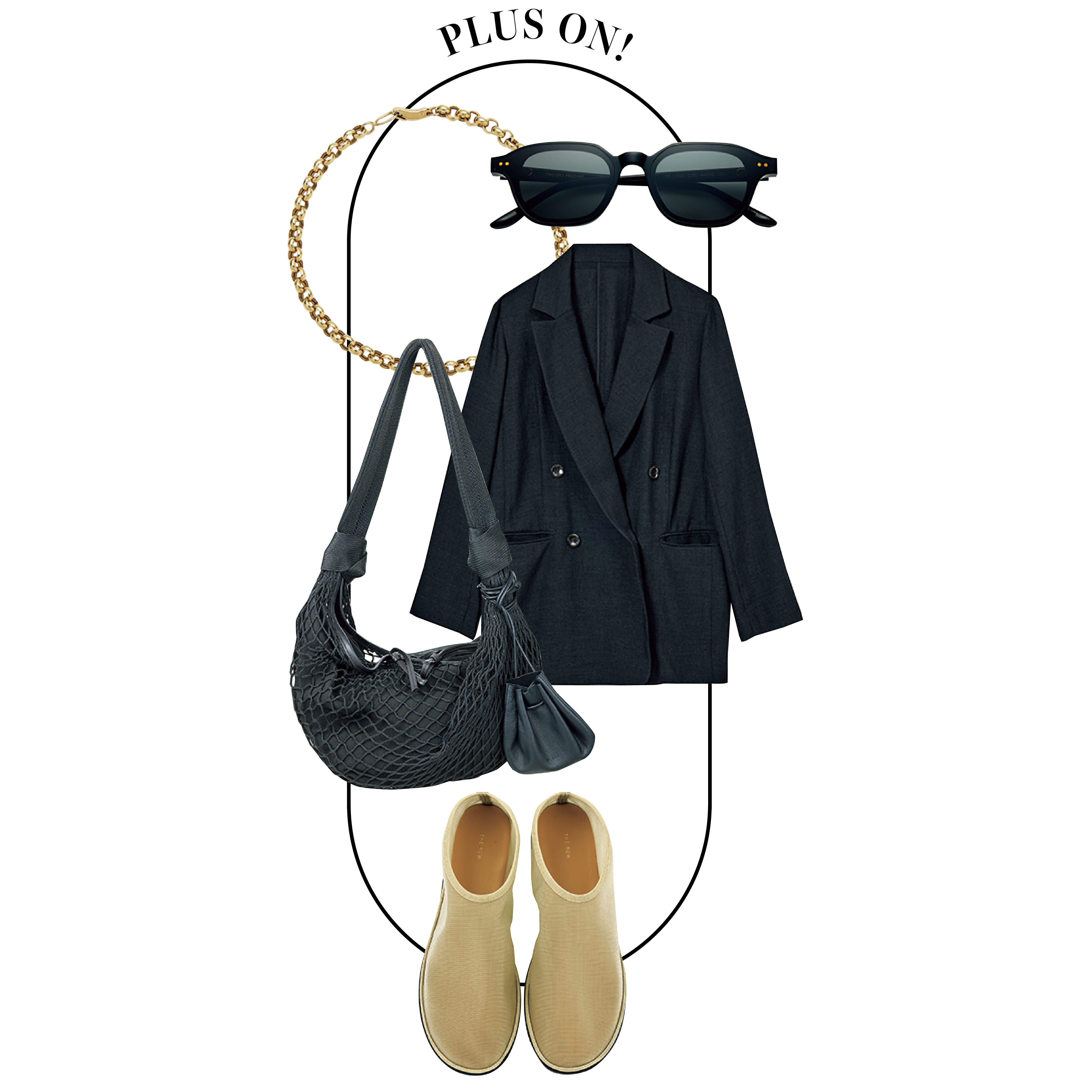 サングラス¥42,900（プロジェクト プロダクト）、ジャケット¥36,300（リアム プラージュ／共にプラージュ 代官山店）、ザ・ロウのシューズ、ルメールのバッグ、ヨイ イニキのブレスレットは全て本人私物