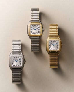 © Cartier © Valentin Abad〈サントス ドゥ カルティエ〉ウオッチ スモールモデル、右から：［イエローゴールド］¥4,884,000、［イエローゴールド×ステンレススティール］¥1,584,000、［ステンレススティール］¥962,500（全てカルティエ／カルティエ カスタマー サービスセンター）