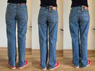 左から25・27・28インチ。「501® 90’S」各￥17,600（リーバイス®）。女性のボディラインに合わせて作られているだけあって、どのサイズの後ろ姿もイイ感じでした