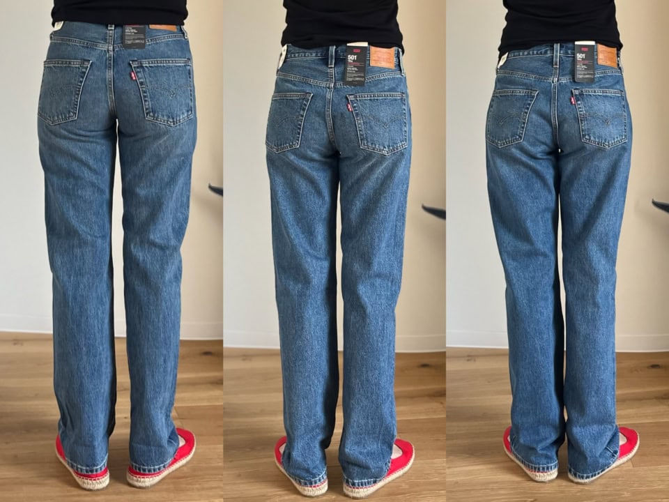 左から25・27・28インチ。「501® 90’S」各￥17,600（リーバイス®）。女性のボディラインに合わせて作られているだけあって、どのサイズの後ろ姿もイイ感じでした