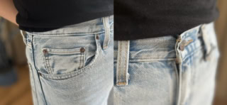 この画像は「BAGGY DAD」の25インチなのですが、フロントポケットには余計なシワが入っていますよね。フロントボタンはよく見ると浮いていますし、筆者のカラダには全く合っていません。いくら小さいサイズがはけても、こういったディテールに無理している感が出てしまうんです。
