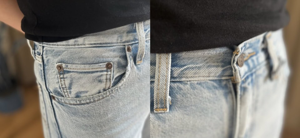 この画像は「BAGGY DAD」の25インチなのですが、フロントポケットには余計なシワが入っていますよね。フロントボタンはよく見ると浮いていますし、筆者のカラダには全く合っていません。いくら小さいサイズがはけても、こういったディテールに無理している感が出てしまうんです。