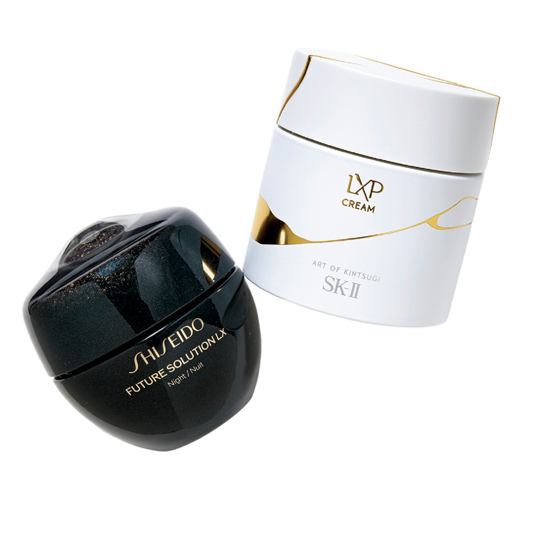 右から：LXP 金継ぎ クリーム 50g ￥68,200〈編集部調べ〉（SK-II） 、フューチャーソリューション LX トータル Ｒクリーム 50g ￥37,400（SHISEIDO）