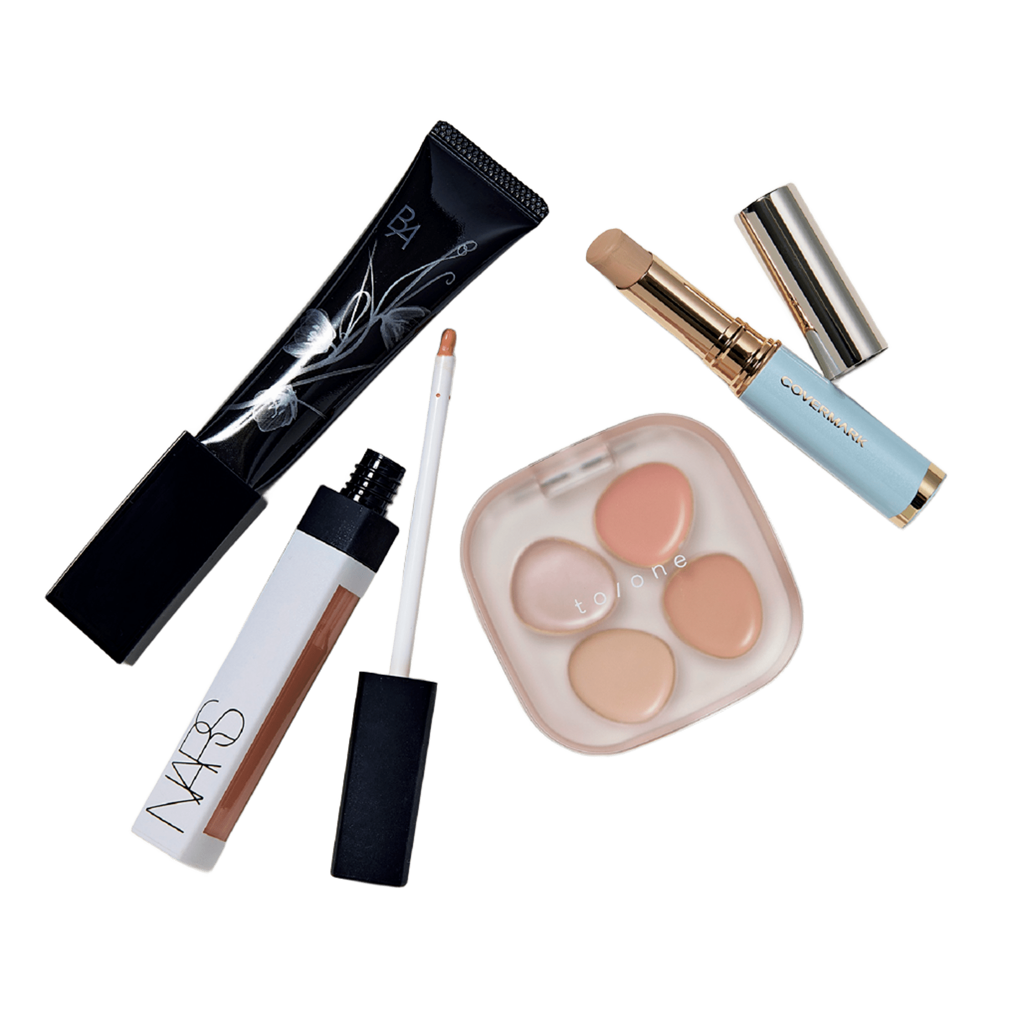 右から：ブライトアップ ファンデーション SPF33･PA+++ B1 ¥3,850（カバーマーク）、 ペタル フロート フローレス タッチ 01 1.7g￥4,180（トーン）、NARS ラディアントクリーミーカラーコレクター 00251 LIGHT 6mL ￥4,510（NARS JAPAN ）、B.A 3D コンシーラー 01 ブライトアップベージュ 12g ￥6,930（ポーラ）