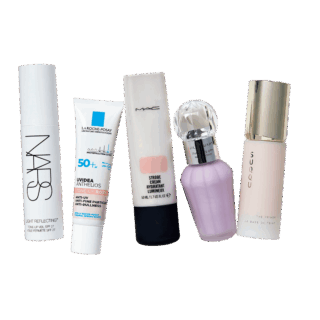 右から：ザ プライマー SPF15･PA ＋ 30g ￥11,000（SUQQU） 、イルミネイティングジェム セラムプライマー SPF40･PA+++ 01 ラベンダージェム 30mL ￥3,850（ジルスチュアート　ビューティ）、 ストロボクリーム ピンクライト 50mL ￥6,050（M・A・C） ※3月7日から順次パッケージリニューアル、UVイデア XL プロテクショントーンアップローズ+ SPF50+･PA++++ 30mL ￥3,960（ラ ロッシュ ポゼ）、 NARS ライトリフレクティング トーンアップヴェール SPF27･PA++ 30mL ￥6,490（NARS JAPAN）