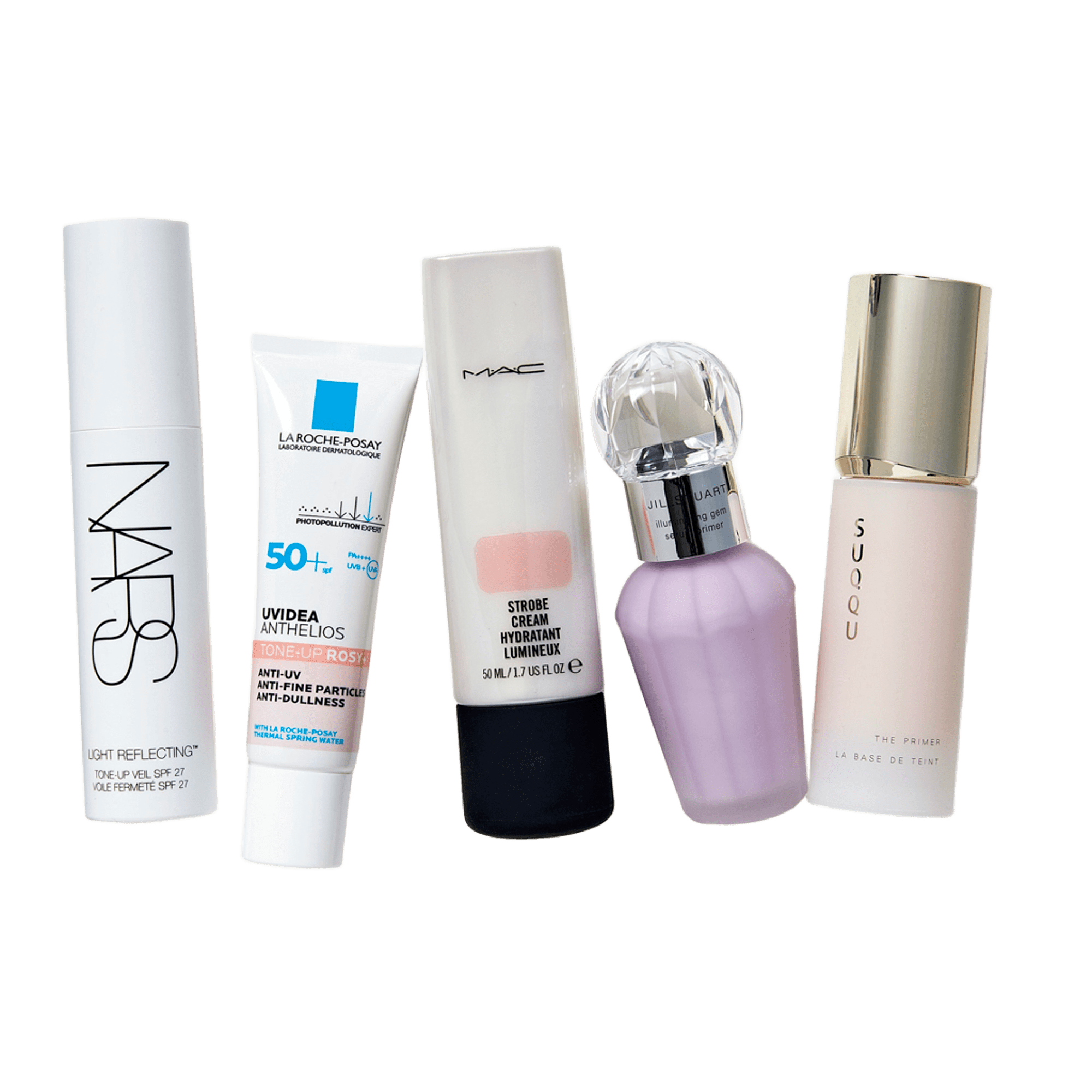 右から：ザ プライマー SPF15･PA ＋ 30g ￥11,000（SUQQU） 、イルミネイティングジェム セラムプライマー SPF40･PA+++ 01 ラベンダージェム 30mL ￥3,850（ジルスチュアート　ビューティ）、 ストロボクリーム ピンクライト 50mL ￥6,050（M・A・C） ※3月7日から順次パッケージリニューアル、UVイデア XL プロテクショントーンアップローズ+ SPF50+･PA++++ 30mL ￥3,960（ラ ロッシュ ポゼ）、 NARS ライトリフレクティング トーンアップヴェール SPF27･PA++ 30mL ￥6,490（NARS JAPAN）