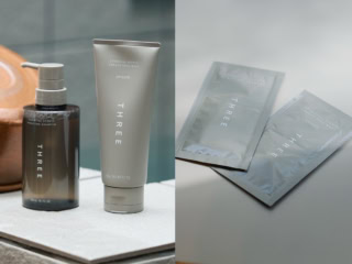 写真左：（左）エッセンシャルセンツ ピュリファイング シャンプー 300mL ￥4,180、（右）エッセンシャルセンツ スムース トリートメント 190g ￥4400、写真右：実際にもらったサンプル ギフト。