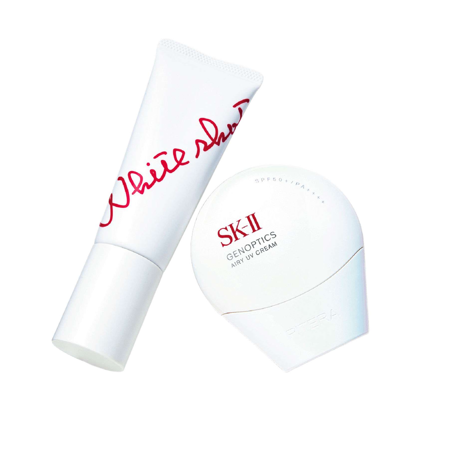 右から：ジェノプティクス エアリー UVクリームSPF50+･PA++++ 30g ￥9,900〈編集部調べ〉（SK-II ）、ホワイトショット セラムUV SPF50+･PA++++ 45g [医薬部外品] ￥7,150（ポーラ）