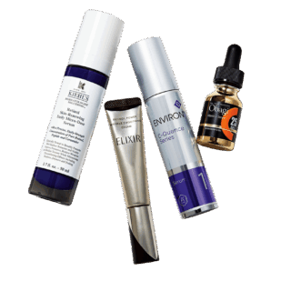 右から：オバジC25セラム ネオ 12mL ￥11,000（ロート製薬）、Ｃ―クエンスセラム １ 35mL ￥18,040 （ エンビロン）、エリクシール レチノパワー リンクルクリーム S 15g [医薬部外品]￥6,490（エリクシール）、キールズ DS RTN リニューイング セラム 50mL ￥13,970（キールズ）