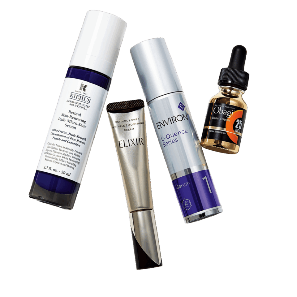 右から：オバジC25セラム ネオ 12mL ￥11,000（ロート製薬）、Ｃ―クエンスセラム １ 35mL ￥18,040 （ エンビロン）、エリクシール レチノパワー リンクルクリーム S 15g [医薬部外品]￥6,490（エリクシール）、キールズ DS RTN リニューイング セラム 50mL ￥13,970（キールズ）