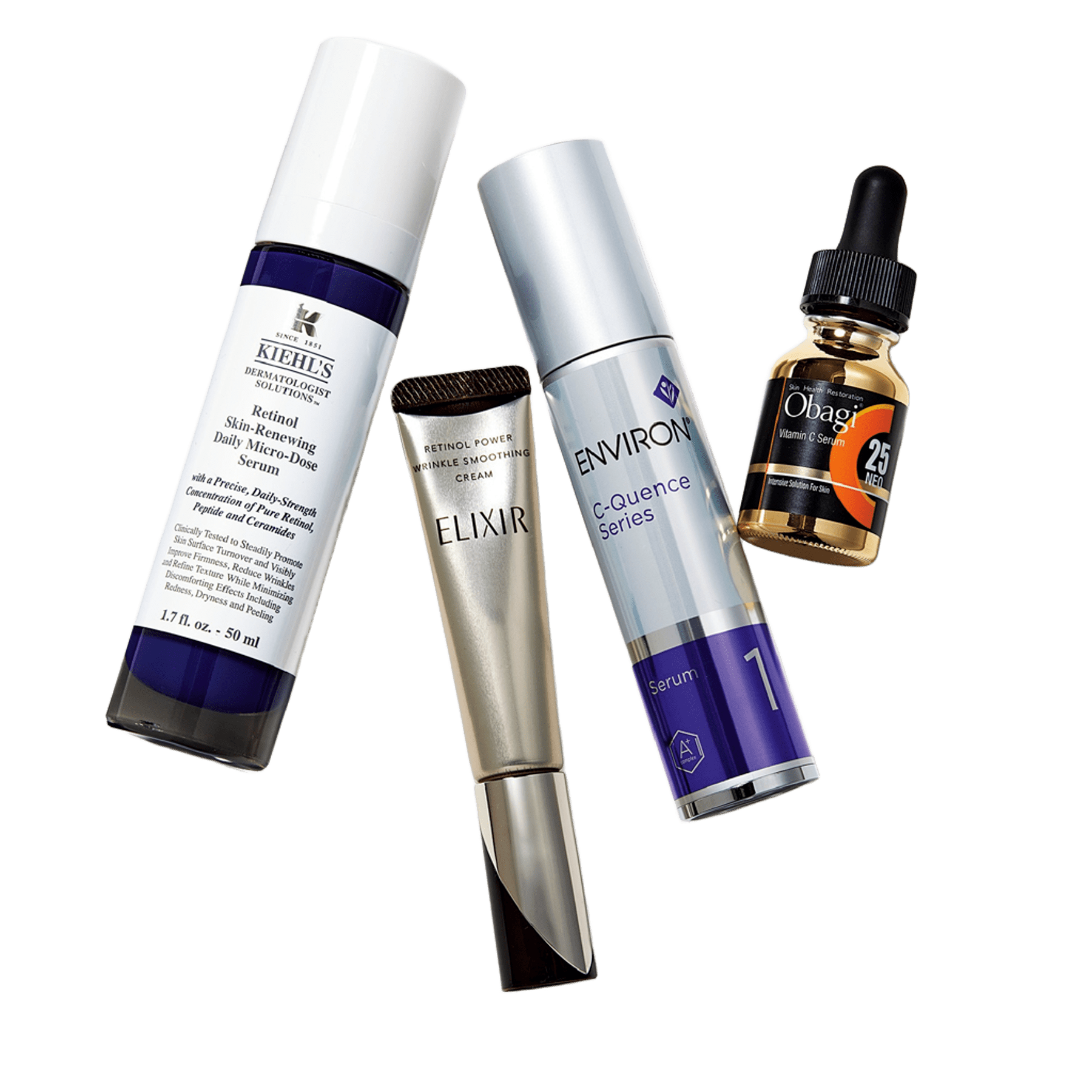 右から：オバジC25セラム ネオ 12mL ￥11,000（ロート製薬）、Ｃ―クエンスセラム １ 35mL ￥18,040 （ エンビロン）、エリクシール レチノパワー リンクルクリーム S 15g [医薬部外品]￥6,490（エリクシール）、キールズ DS RTN リニューイング セラム 50mL ￥13,970（キールズ）