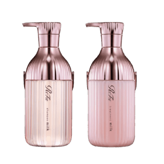 右から：リファミルクプロテインシャンプーピンク 500mL、同 トリートメントピンク 500g 各¥1,980（共にMTG）