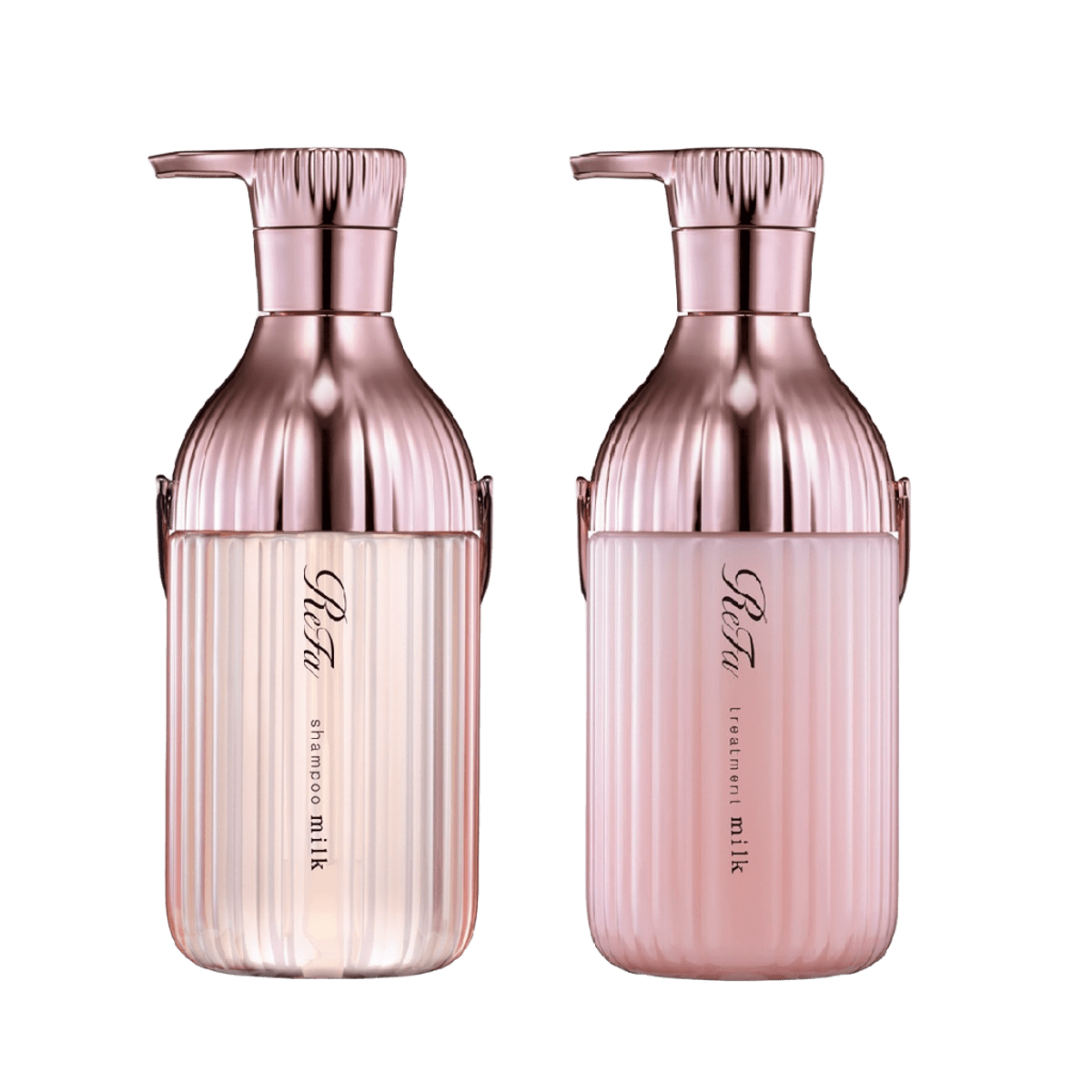 右から：リファミルクプロテインシャンプーピンク 500mL、同 トリートメントピンク 500g 各¥1,980（共にMTG）