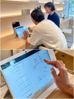 今回リニューアルのM Eに合わせて新しくなった測定器で早速診断！ 普段の肌の悩みや使用しているスキンケアについてカウンセリング