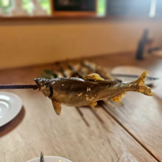 鮎の塩焼きを串にかぶりついて食べていると、ああ、山にきたんだなあと実感します。はむはむ。