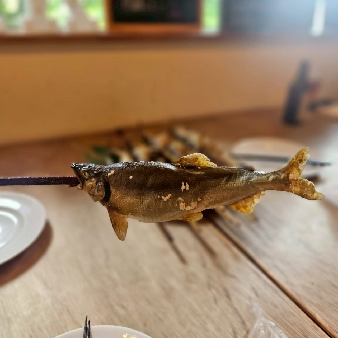 鮎の塩焼きを串にかぶりついて食べていると、ああ、山にきたんだなあと実感します。はむはむ。