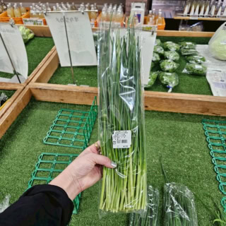 道の駅でおみやげを買うこともできますし、地元の野菜を買うこともできます。美味しそうな葱ニラを発見。たくさん入って価格は、ええと……、
