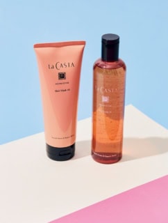 右から：ラ・カスタ アロマエステ ヘアソープ 40 300mL、同 ヘアマスク 40 230g 各￥2,420（共にアルペンローゼ）